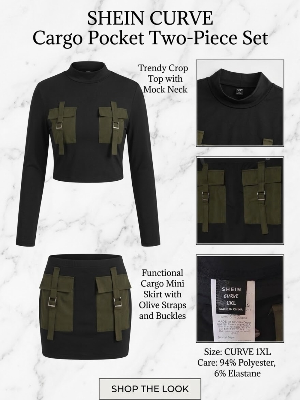 SHEIN Black Mock Neck Crop Top with Olive Cargo Accents